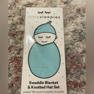 NEW little sleepies bamboo aquamarine newborn swaddle and knotted hat set